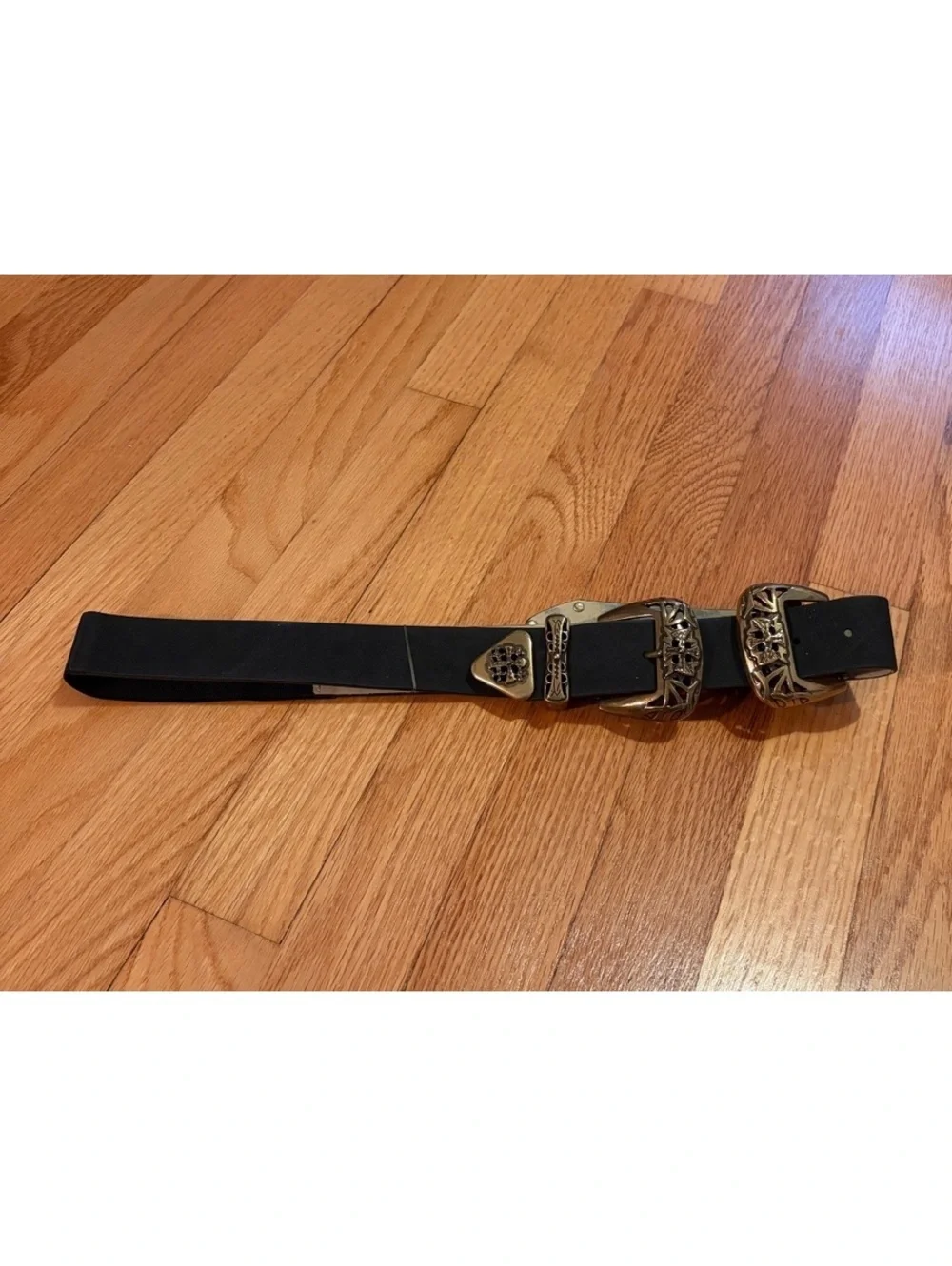 Black Leather Western Double Buckle Belt with Silver-Toned Hardware